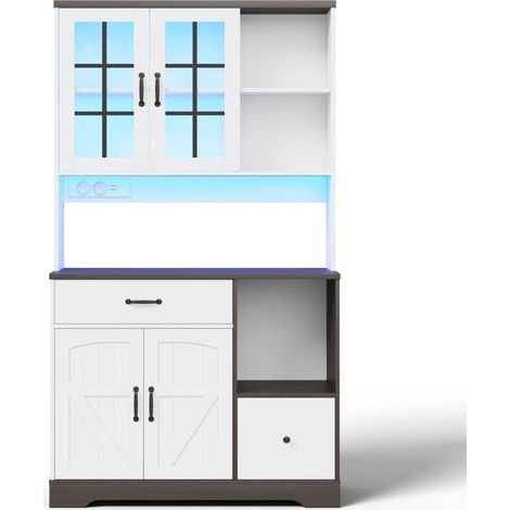 CAIziMeuble de cuisine style grange, meuble haut, meuble de rangement vintage avec étagères réglables, tiroirs, crochets en acier inoxydable, éclairage LED à changement de couleur et prises, 185 × 105