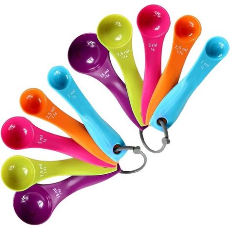 Set di 2 cucchiai graduati in plastica, disponibili in varie misure e colori, per liquidi e polveri in cucina e per la preparazione di dolci. (1/4)