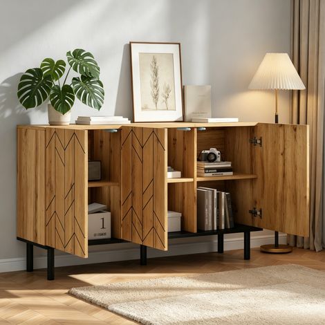 Madia 120x35x70 cm, 3 ante, motivo ondulato, cerniere silenziose, pannello truciolare, color legno naturale (1/5)