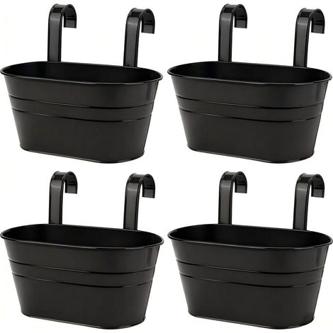 Pots de Fleurs Suspendus Pot Fleur à Suspendu Exterieur avec Crochet Amovible pour Balcon Clôture Jardin 4Pièces Métal Noir (1/5)
