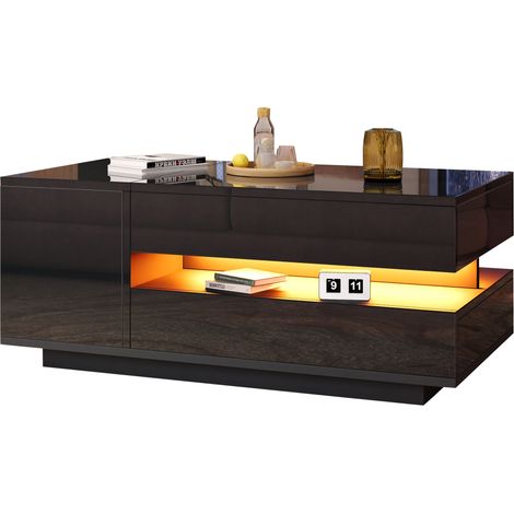 Table basse relevable LED noire avec rangement, 1 tiroir et 1 placard, plateau brillant, espace caché et semi-ouvert, hauteur réglable jusqu'à 54,5 cm, CHICFURN (1/5)