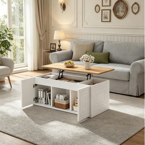 Mesa de centro elevable 46x95x45 cm blanco y natural en tablero de partículas con almacenaje (1/5)
