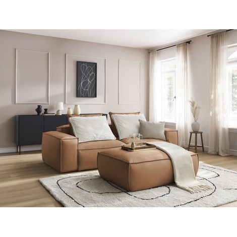 BOBOCHIC - Canapé droit fixe 3 places ultra moelleux BOHEME cuir végan avec pouf Marron clair (1/5)