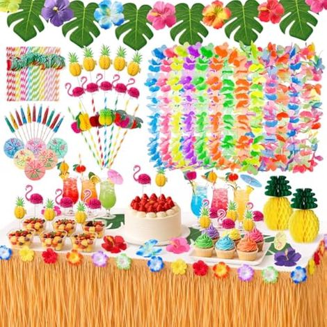 Jupe de table hawaïenne Luau de 2,9 m pour fête hawaïenne, ensemble de décoration estivale Tiki avec 12 guirlandes, 2 ananas 3D, feuilles de palmier et fleurs tropicales, anniversaire (1/5)
