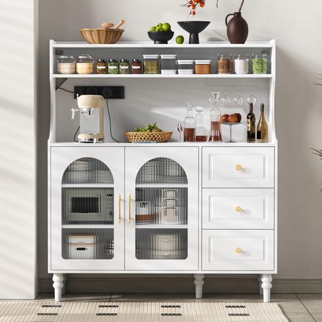 Buffet de Cuisine avec Prises USB et USB-C, 3 Tiroirs, Porte-Verres Suspendu et Étagères Réglables, Armoire de Rangement pour Cuisine, Salle à Manger et Salon (1/5)