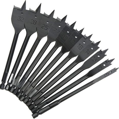 Jeu de 11 mèches plates à bois – Tige hexagonale 1/4' – Acier au carbone – Tailles Ø6 à 32 mm – Longueur 152 mm (1/5)