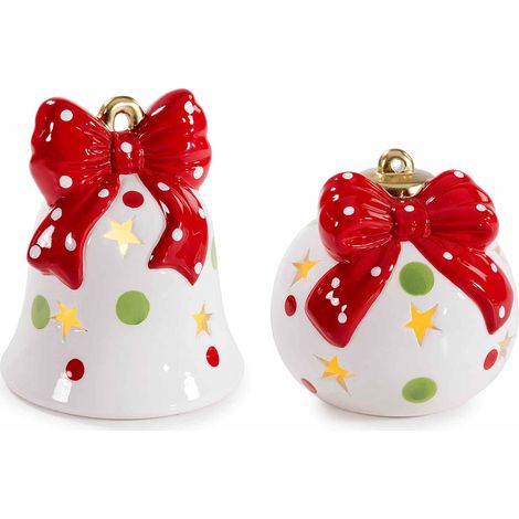 Campana e pallina di Natale decorative con fiocco, luci LED, intagli a stelline e decori colorati con dettagli oro, set da 4 pezzi, Ø 11 cm x 13 H