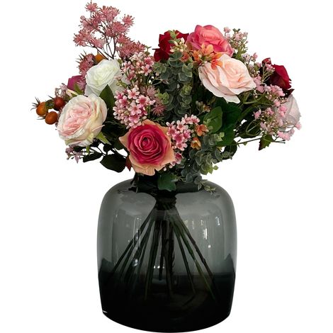 Bouquet de fleurs artificielles roses colorées avec baies décoration intérieure 45 cm (1/5)