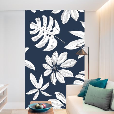 Papier peint intissé 250x150cm, motifs feuilles blanches sur fond bleu marine, style tropical. (1/2)