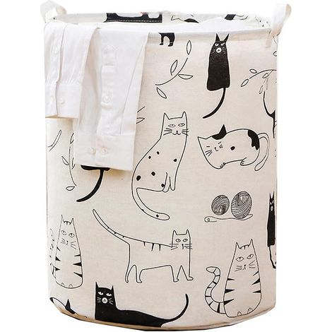 Panier à linge pliable et imperméable de grande taille (48 x 42 cm), panier de rangement pour jouets et vêtements (motif chat) (1/4)