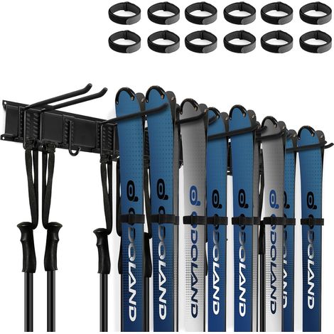 Kit de Support de Rangement à Skis pour 6/4 Paires Snowboards, 6/4 Crochets, 12/8 Sangles, 2/3 Plaque d'Accrochage, Support Mural Skis pour Maison Garage, Jusqu'à 300 LBS (1/5)