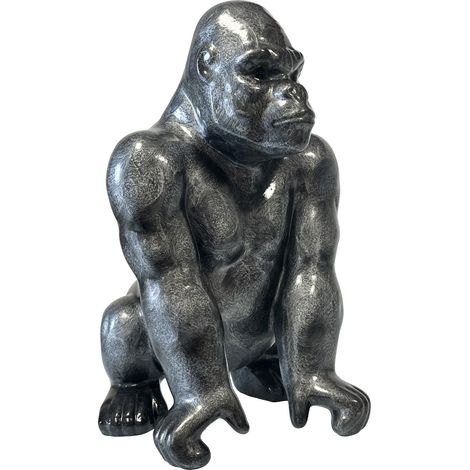Statue en céramique gorille argent patiné 37cm – Artisanale unique fabriquée au Portugal – Dimensions 26x22cm (1/3)