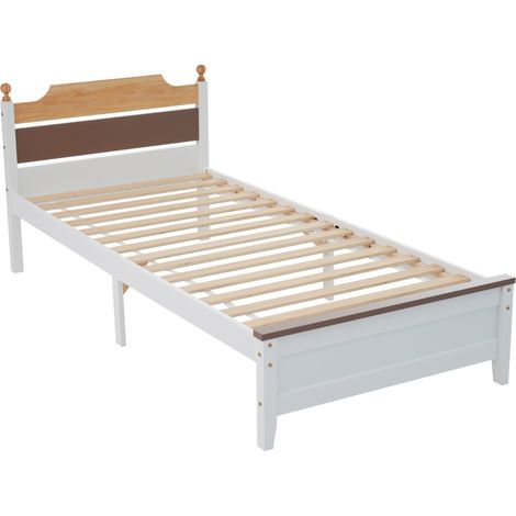 Cama Individual 210 x 97,5 cm de Madera Maciza y MDF con Marco de Pino, Pie Central, sin Colchón, Blanco (1/5)