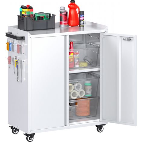 AOBABO Chariot à Outils Mobile 80x66x35 cm, Armoire à Outils Métallique Verrouillable Pour Garage, Sous-sol et Bureau, Nécessite un Assemblage, Blanc