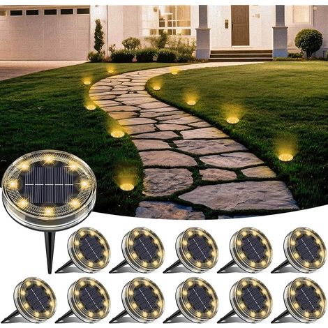 Lot de 12 Lampe Solaire Au Sol, 8 LED Lumiere Solaire Exterieur Jardin IP68 Étanche, Spot Solaire Extérieur pour Chemins Pelouse Terrasse Allée Cour Piscine Passerelle, Blanc Chaud (1/5)