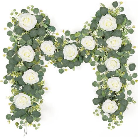 Guirlande Fleurs Artificielles, Rose Blanche Guirlande Eucalyptus, 2x1,8m Roses en soie, Eucalyptus plantes, Sans pollen sans entretien, Réutilisable, Balcon, Exterieur Jardin, Mariage, Déco Maison (1/5)
