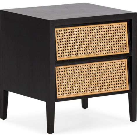 Table de nuit élégante en cèdre et rotin - Noir élégant avec façade rotin naturel (1/5)