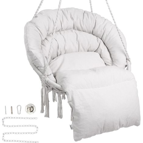 Vevor – Fauteuil suspendu macramé 150 kg – Corde en coton – Cadre en acier renforcé – Coussin lavable – Pour intérieur et extérieur – Beige