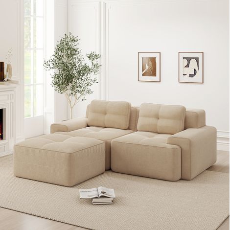 REDOM - Canapé d'angle 2 places modulable, assise profonde, dossier incurvé, tissu en velours côtelé, beige (1/5)
