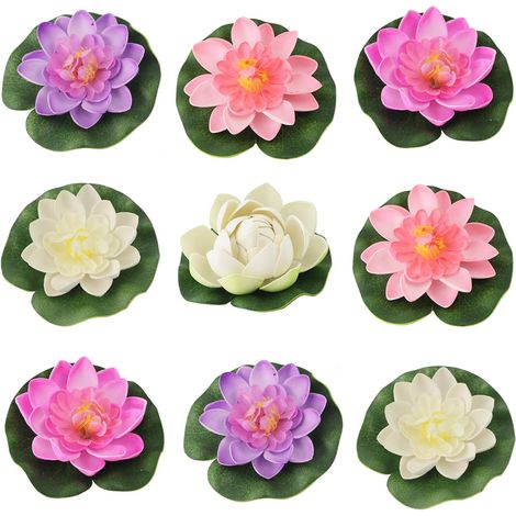 Lot de 9 nénuphars, mousse flottante, plastique souple, aspect réaliste, pour étang, piscine, aquarium