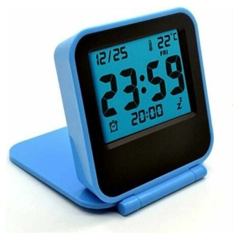 Mini petits réveils de voyage numériques avec veilleuse LCD, horloge de voyage à piles, mini horloge de température de poche pliable portable pour extérieur, lit, bureau, table, camping-car ( (1/5)