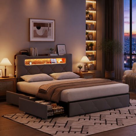 Lit coffre 140×200 cm,4 tiroirs,lit double capitonné,lumière LED et port USB,tête de lit avec rangement,cadre de lit 140×200,style moderne,sommier à lattes,lit adulte,lit ados,Velours,Gris (1/5)