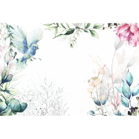 Fotomural infantil colgante con flores, plantas, ramitas y pájaros M103 200x135 (1/5)