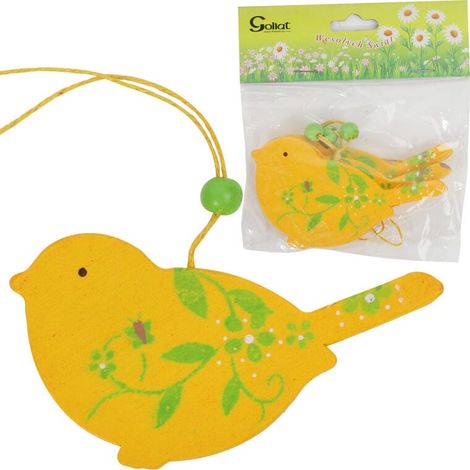 Juego de 3 colgantes de pájaros de madera - Amarillo con decoración verde (1/2)