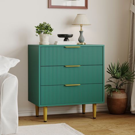 Commode moderne à 3 tiroirs rainurés – Grand meuble de rangement en bois avec poignées et pieds en métal doré – Élégant pour chambre, salon ou entrée – Assemblage facile-vert (1/5)