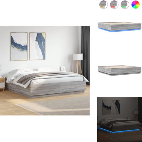 Bettgestell mit LED Grau Sonoma 200x200 cm Holzwerkstoff - Holzbettfassad - Bettrahmen - Doppelbett - LED Beleuchtung - Modernes Bett (1/5)