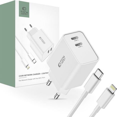 TECH-PROTECT C35W 2-Port-Netzwerkladegerät PD35W + Lightning-Kabel Weiß