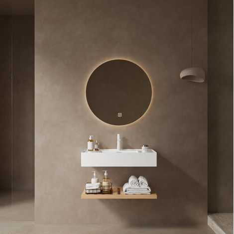 Mueble de lavabo suspendido 75 cm con lavabo de resina blanco y estante acabado madera natural (1/4)