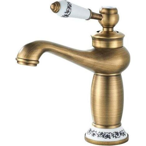 Robinet Rétro Salle de Bain,Robinet de Lavabo Poignée en Céramique Mitigeur Monocommande Lavabo,Robinet Salle Bain Eau Chaude et Froide, Laiton (1/4)