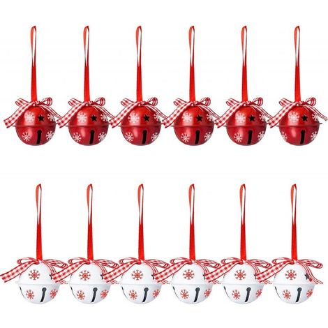 Ensemble de 12 cloches de Noël et grelots, décorations d'arbre de Noël, motif flocon de neige, ornements pendentifs de clochette rouge et blanc (1/4)