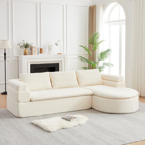 Divano angolare L con chaise longue, divano 3 posti in ciniglia, design nuvola, beige avorio HAVRYA