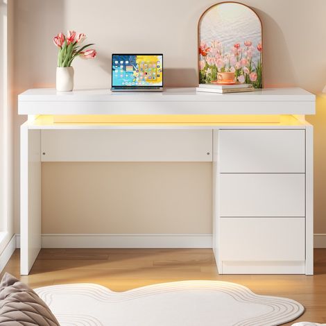 Escritorio LED moderno 120×50×78,5 cm con 3 cajones, MDF blanco mate, REDOM (1/5)