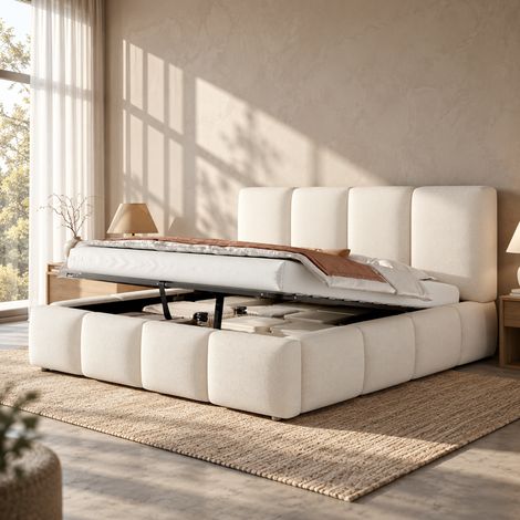Cama doble 180x200 cm de bouclé blanco con arcón hidráulico, sin colchón – MEUBLIV (1/5)