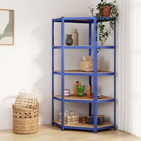 Étagère d'angle à 5 niveaux Étagère Charge Lourde - Étagère de stockage Bleu Acier et bois d'ingénierie BV597654 - BonneVie (1/5)