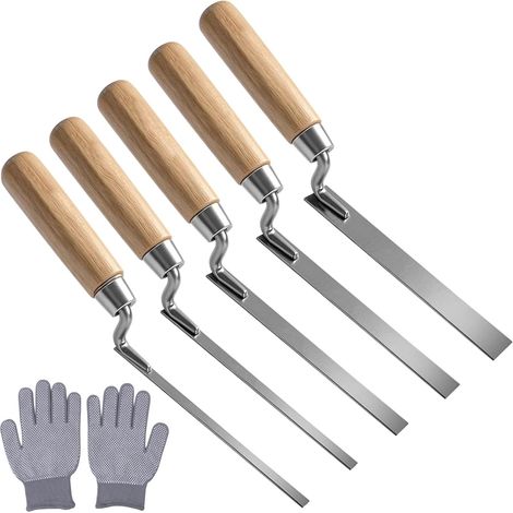 Lot de 5 truelles à joint avec gants, 6/8/10/12/14 mm avec poignée en bois, truelle à joint en acier au carbone pour plâtre, spatule, travaux de joints (1/5)