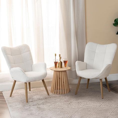 Lot de 2 Fauteuil de Salon Chambre Scandinave Chaise Coiffeuse avec Accoudoirs et Assise Épais Pieds en Métal Effet Bois Rembourré en Boulette Beige (1/5)