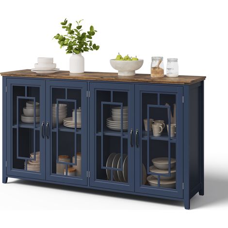 Buffet de Cuisine 160cm avec Portes en Verre, Meuble de Rangement Salle à Manger Aspect Bois avec Dispositif Anti-basculement, 160x40x86cm (1/5)