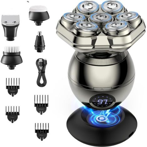 Rasoir Tete Chauve Homme, 7D Rasoir Électrique Homme- 6 en 1 Tondeuse Crane Chauve- Humide/Sec Étanche IPX7 Pour Hommes Chauves Avec Écran LED. (1/5)