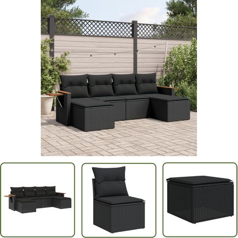 The Living Store 6-tlg. Garten-Sofagarnitur mit Kissen Schwarz Poly Rattan - Gartensofas - Outdoor Möbel - Gartenmöbelset - Rattan Gartenmöbel - Lounge Set (1/5)