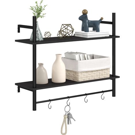 Étagère noire murale 2 niveaux avec 4 crochets et 2 étagères en acier 80x24x65 cm, rangement mural design sobre pour cuisine et entrée pratique gain de place