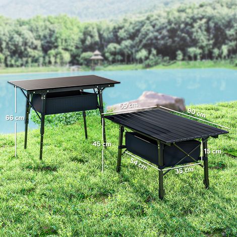 Table de camping pliante avec panier de rangement et sac de transport, hauteur réglable, idéale pour les fêtes de jardin, le camping et les barbecues. Finition aluminium noir. (1/5)