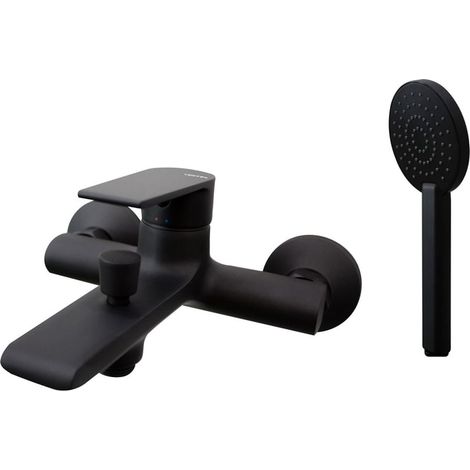 Vema Timea 2-Hole Bath Shower Mixer Tap with Shower Kit and Bracket Wall Mounted - Matt Black (1/2)