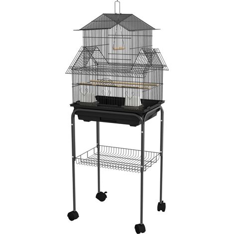 Gabbia per uccelli tetto a casa 50,5 x 41 x 121 cm accesso facilissimo vassoio estraibile moderno essenziale salotto accogliente in acciaio nero 210007567