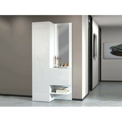 Dmora - Eingangsmöbel Vinicio, Multifunktionsschrank mit 2 Türen, Mehrzweckschrank mit Spiegel, 90x35h190 cm, Weiß, mit verstärkter Verpackung (1/5)