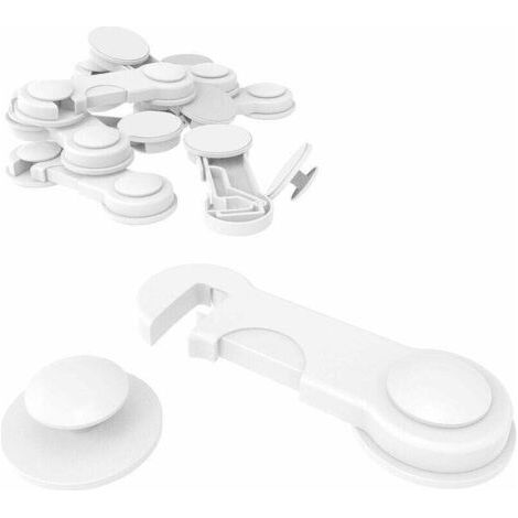 Lot de 10 Verrous Enfant - Pour Placards - Loquet de Sécurité pour Placards et Tiroirs - Avec Adhésif Fort - Sans Perçage - Blanc