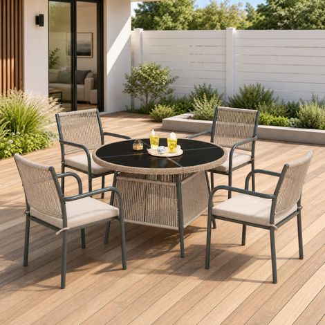 Conjunto de comedor de jardín 110x110x74 cm de metal y vidrio gris, moderno para terraza FloraGrace (1/5)